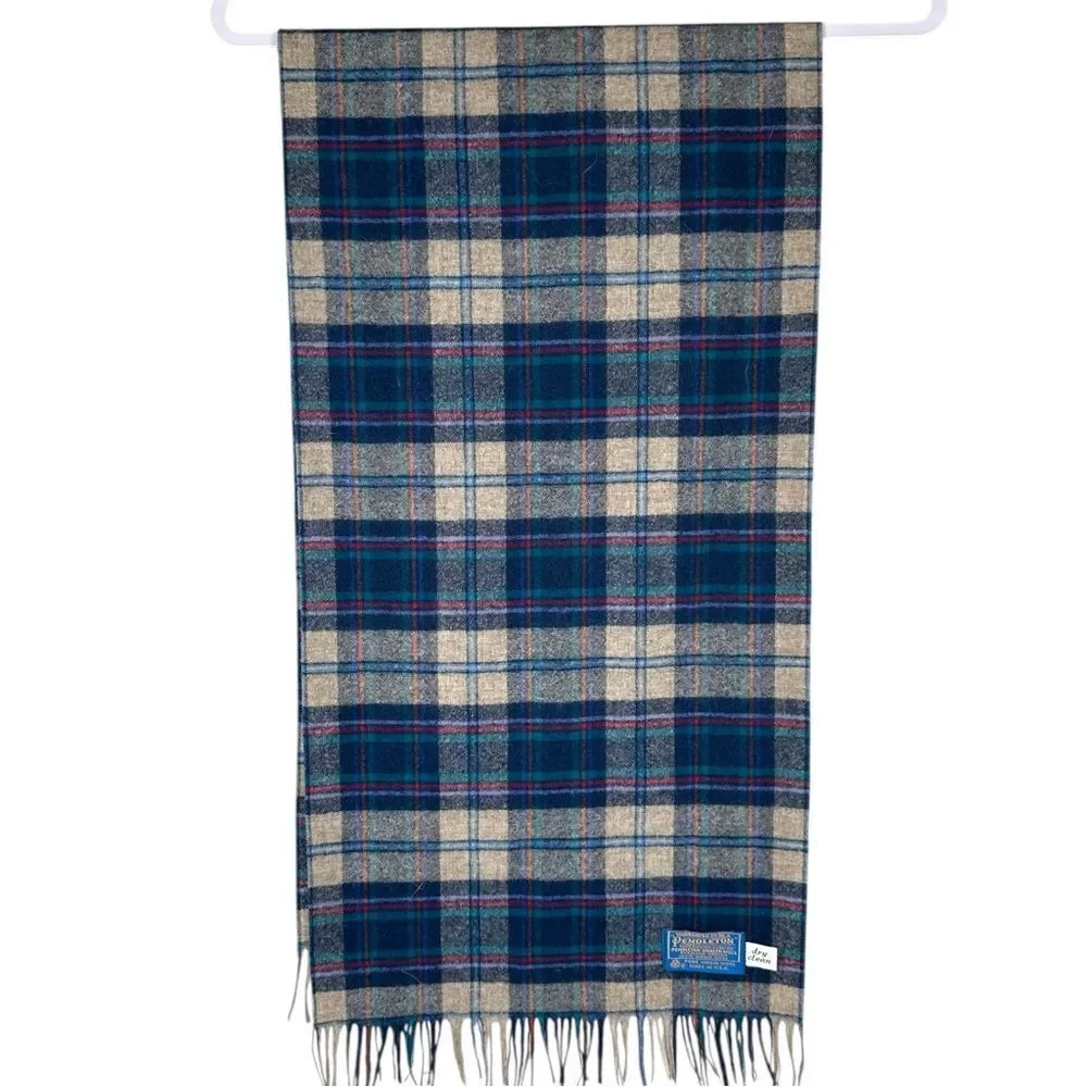 Pendleton Blue Virgin Wool Fringed Heritage Plaid Blanket Scarf Unisex USA Made